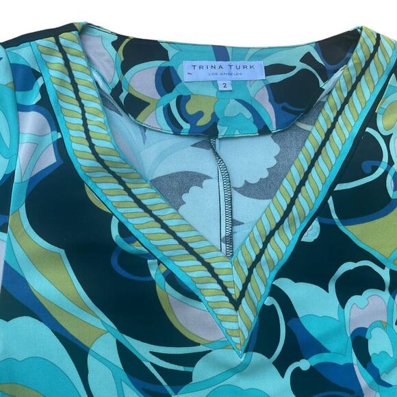 TRINA TURK Silk Blue/Green Printed Sheath V-Neck Tunic Dress -Size 2 - Picture 10 of 15